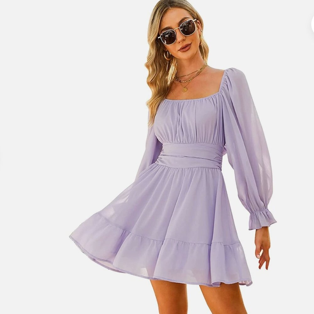 EXLURA Casual Long Lantern Sleeve Square Neck Ruffle Tie-Back Dress  - Size XXL